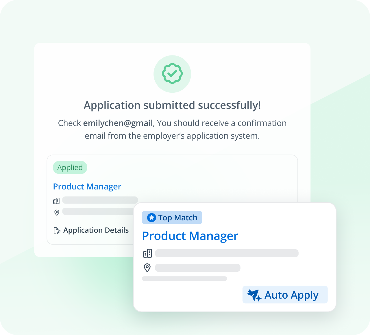 Auto Apply confirmation screen with job match cards